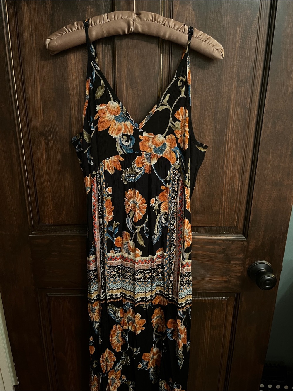 Aqua Black Floral Maxi Dress with Orange Bloom and Blue Accents